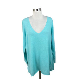 Eileen Fisher NEW Aqua Blue V Neck Melange Wool Long Sleeve Tunic Sweater Size L
